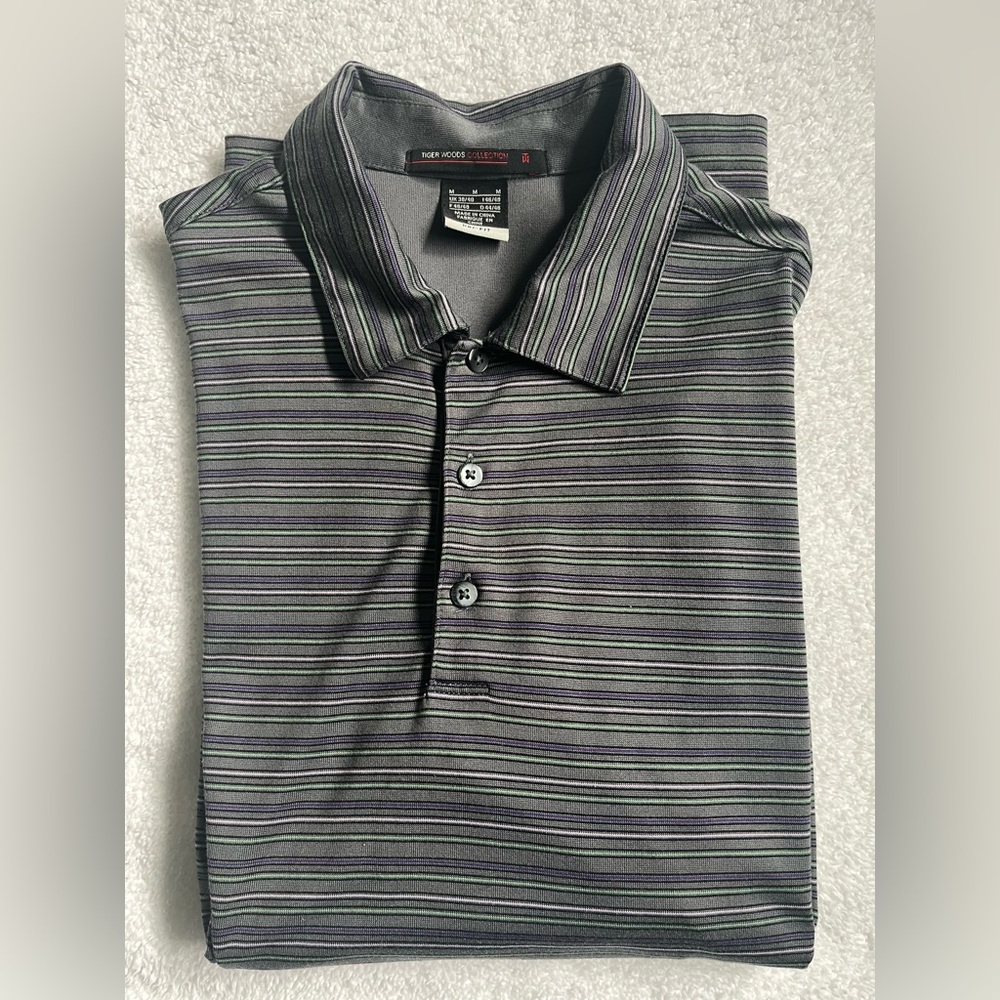 Tiger Woods Collection Men’s Golf Polo:Gray with Green & Purple Stripes, Medium